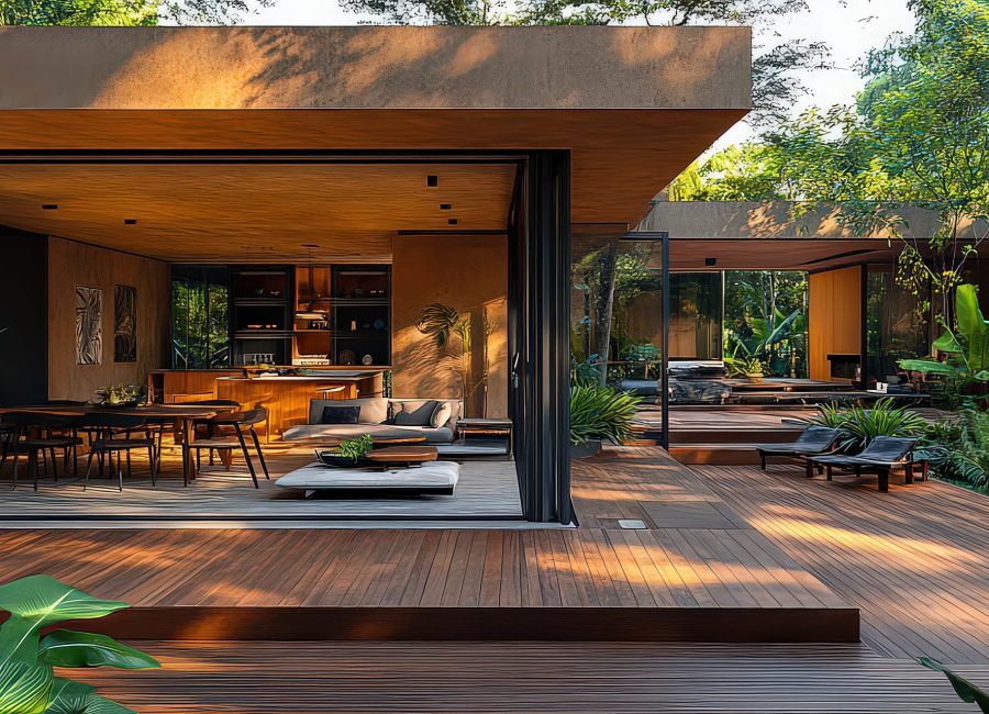 wooden deck made of rich, warm-toned timber extends from the back of the house, providing a view of a lush, green garden, offering an inviting outdoor space.