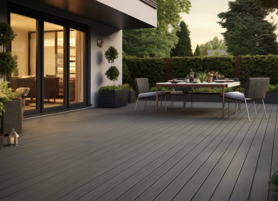 Composite decking in ash grey with two levels deck lights and ideal for a landscape gardener