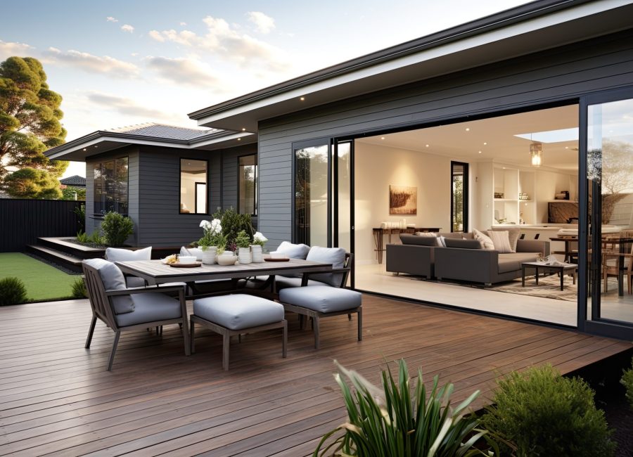 The new home features a deck and lawn that are perfect for outdoor entertaining.